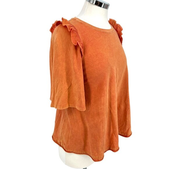 Eri + Ali Anthropologie Ruffle Shoulder Short Sleeve Shirt Orange Size Small - Picture 4 of 11